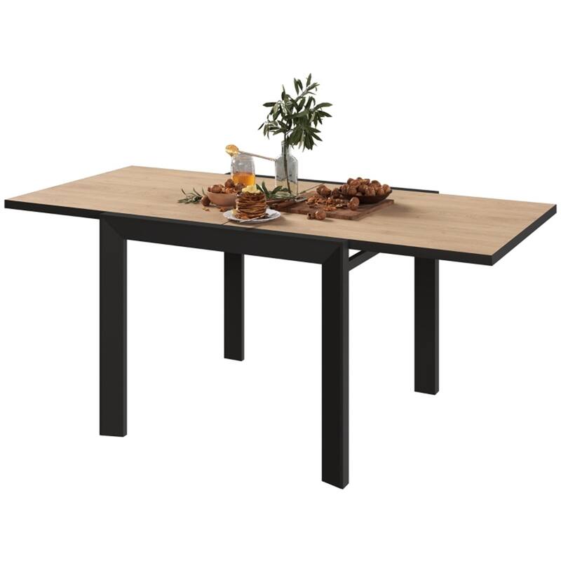 Aluminum Extendable Patio Dining Table for 6 People - 70.75"/35.5" L x 35.5"W x 29.5" H - Black-Natural wood