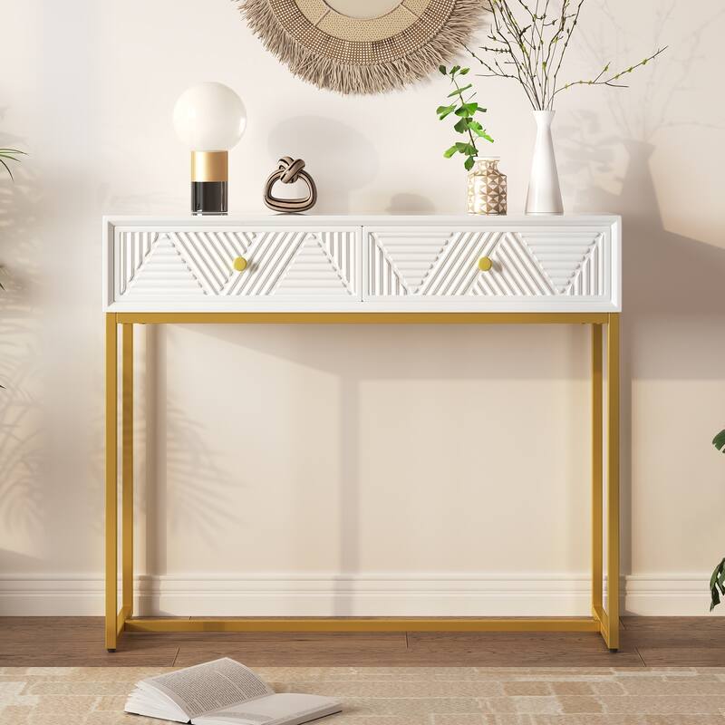 38" Modern Console Table with Two Drawers and Gold Metal Base for Entryway, Living Room