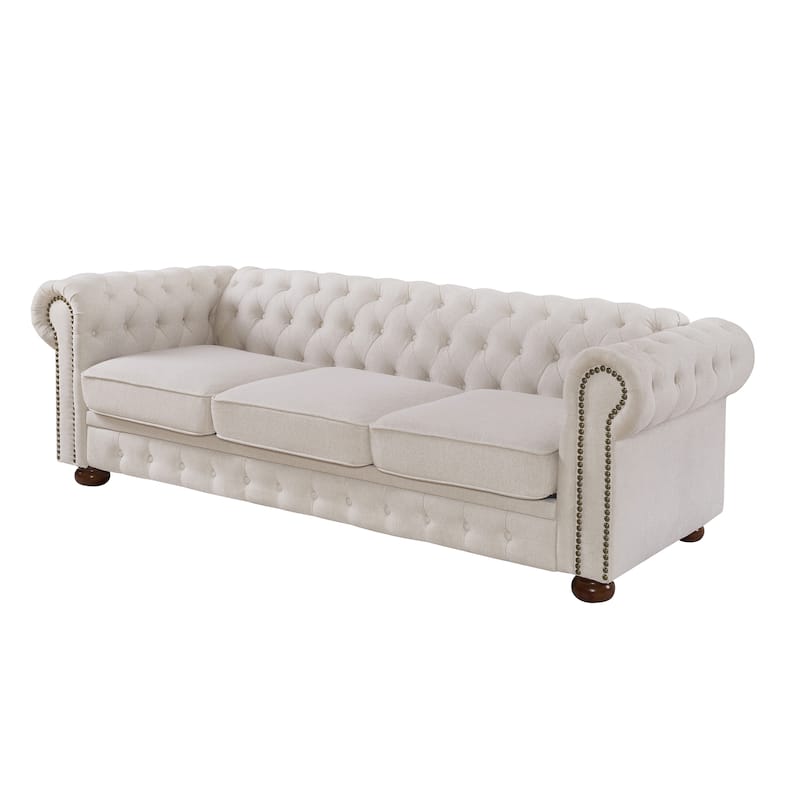 Beige Linen Fabric Chesterfield Sofa, 88x37x28 inches