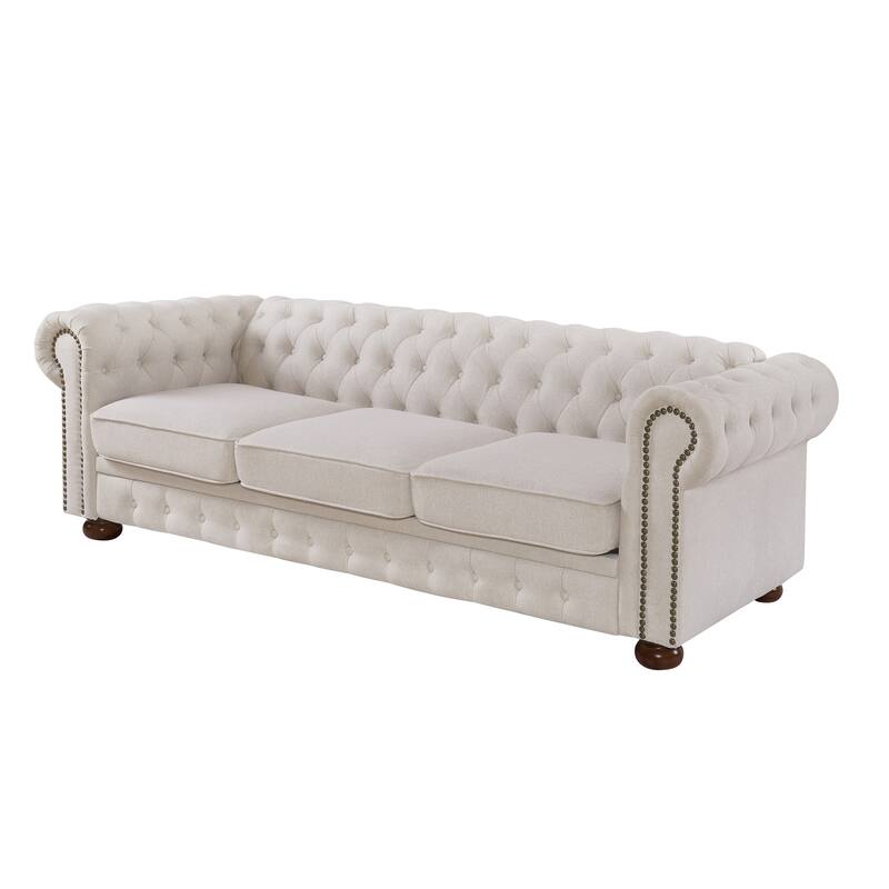 Chesterfield Linen Upholstered Sofa, Button Tufted Sofa with Rolled Arms & Nailhead Trim, 3 Seater Sofa with Rubber Wood Legs