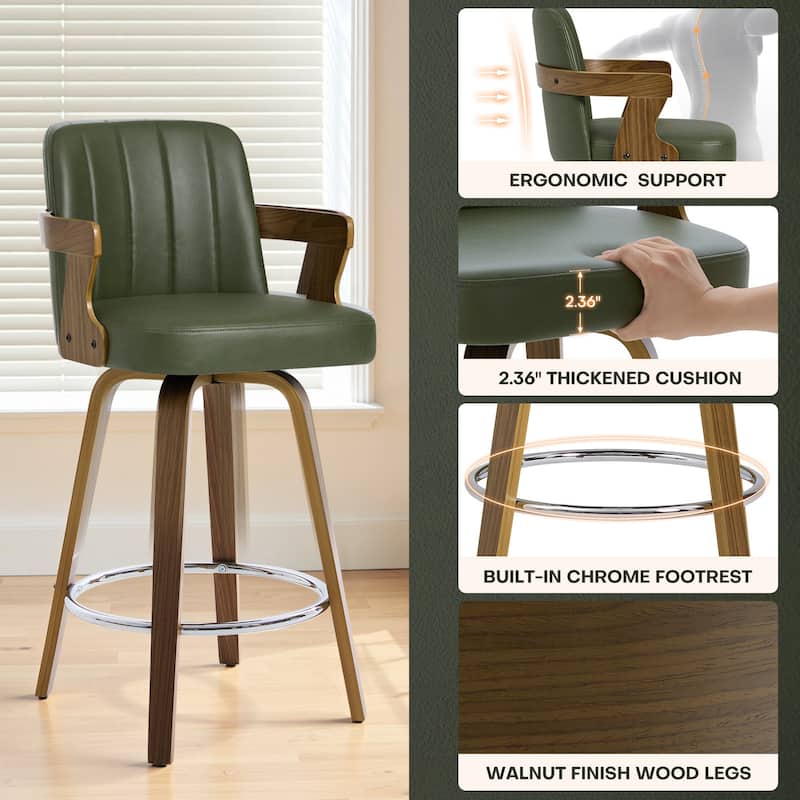 Upholstered Wood Swivel Counter Height Barstool with Arms - 37.8"H x 18.7"W x 19.29"D