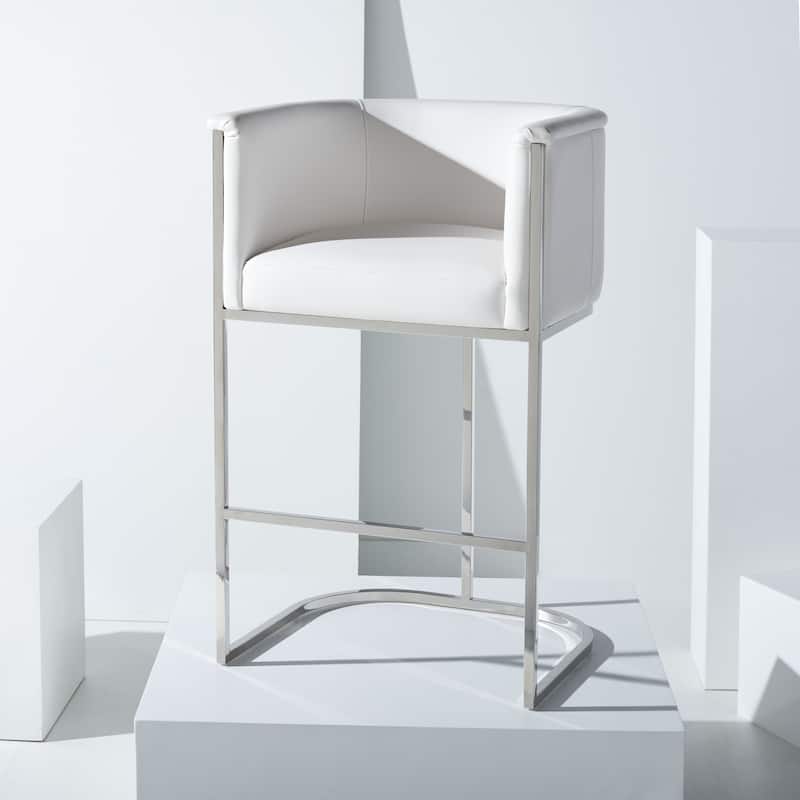 SAFAVIEH Couture Tonda Glam White Leather Commercial Grade 39 Inch Bar Stool - 24.6" W x 23.6" L x 39.2" H - 25Wx24Dx39H - Nobility White