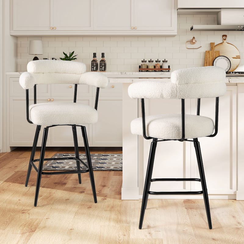 Set of 2 Counter Height Plush Boucle Fabric Bar Stools with Swivel Seat for Kitchen or Cafe - 25" x 21" x 39.5"