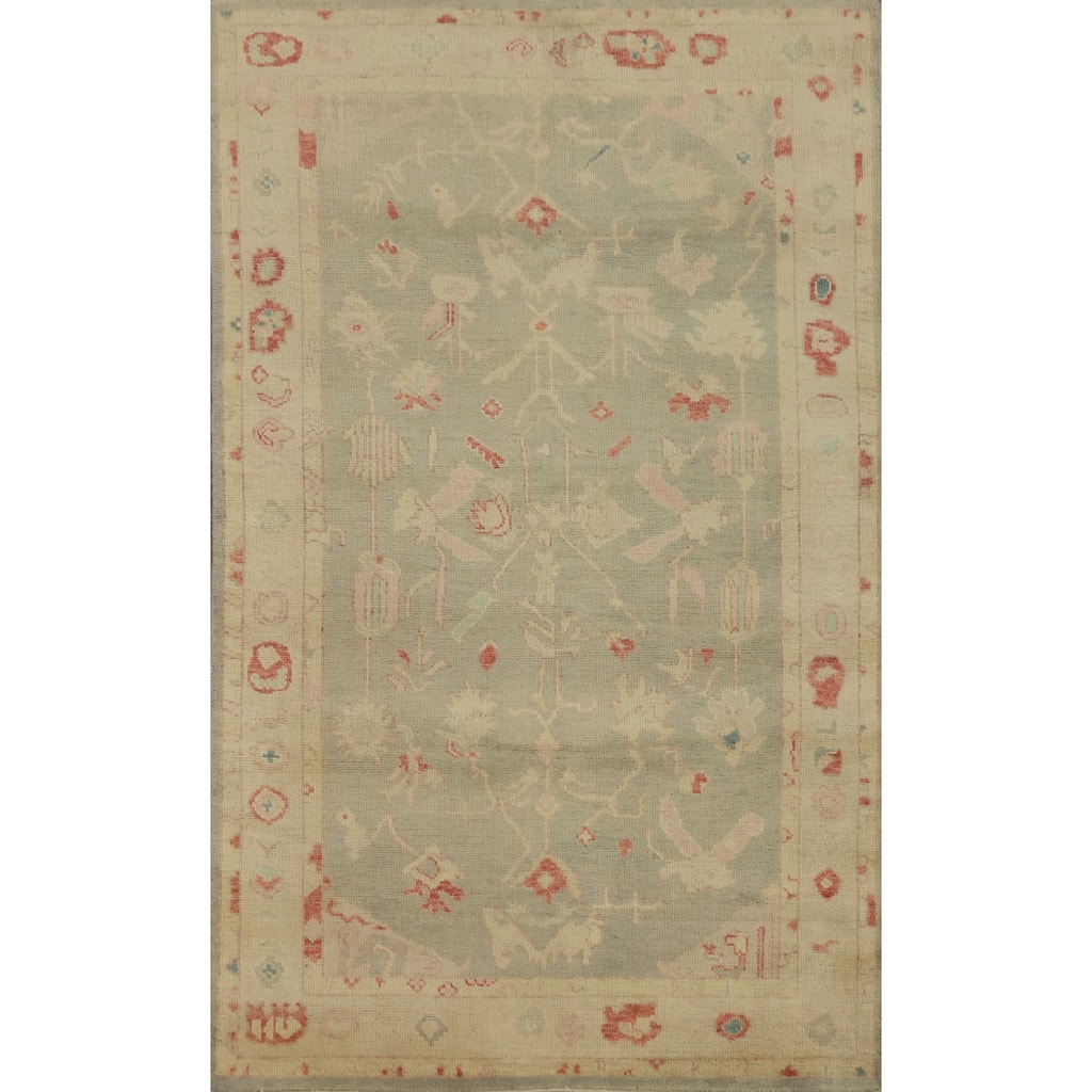 Hand Knotted Oriental 100% Wool Carpet Transitional Floral Green Oushak Area Rug - 6' 11'' X 4' 1''