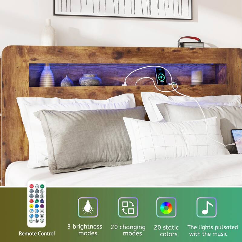 Wood Platform Bed Frame with Storage, LED Light Headboard and 2 USB Ports, Noise-Free