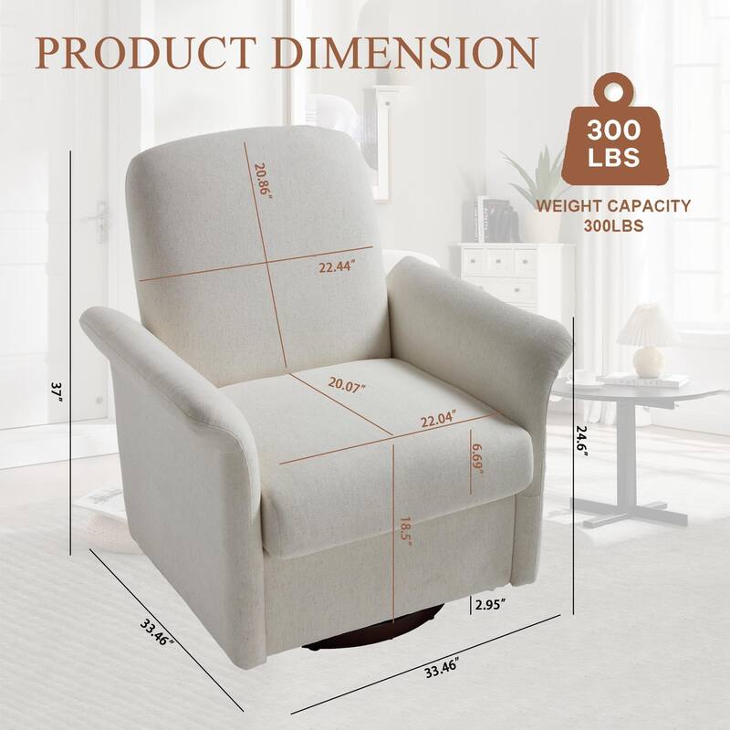 Linen Fabric Swivel Barrel Chair, Ergonomic Upholstered Single Sofa Chair, Lounge Armchair with Curved Back & Wood Base