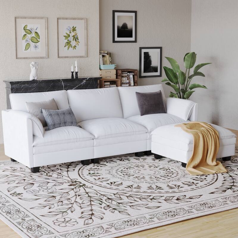 L-Shaped Sectional Sofa with Movable Ottoman, Fabric Upholstered 3 Seater Sofa, Deep Seat Sofa with Side Pockets