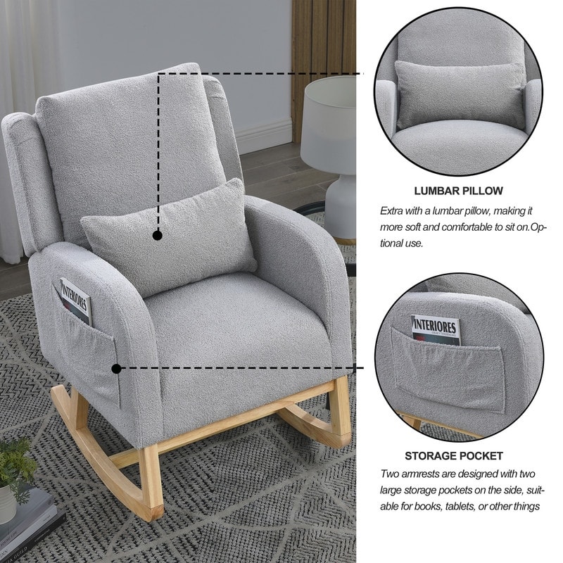 Grondin Modern Style Rocking Chair, Teddy Fabric Upholstered Nursery Rocker with Side Pockets