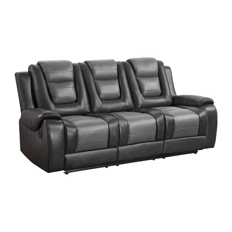 Istro 86 Inch Dual Manual Recliner Sofa, Drop Table, Gray Faux Leather