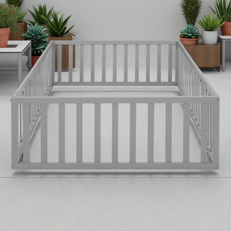 Full Size Wooden Floor Bed Frame with Fence and Door, Montessori Daybed for Kids, No Slats Needed