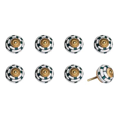 Green and White Ceramic Geometric Drawer Knobs Set of 8 Hand-Painted - 1.5” x 1.5” x 1.5” (D x W x H)