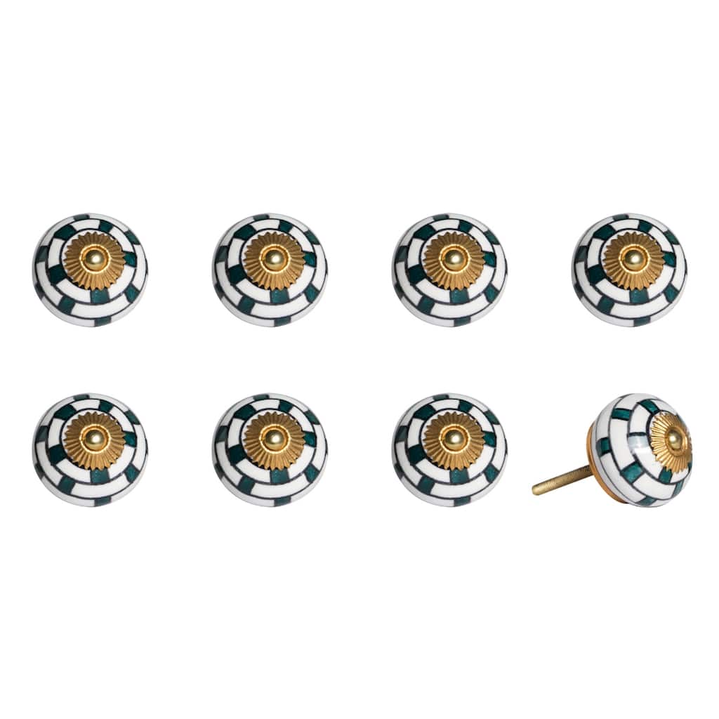 Green and White Ceramic Geometric Drawer Knobs Set of 8 Hand-Painted - 1.5” x 1.5” x 1.5” (D x W x H)