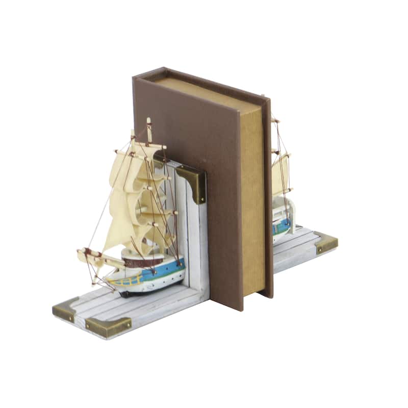 Wood Sail Boat Bookends with Real Boat Rigging and Gold Corners - Set of 2 White - Roche River Decor - 4"W x 6"L x 9"H