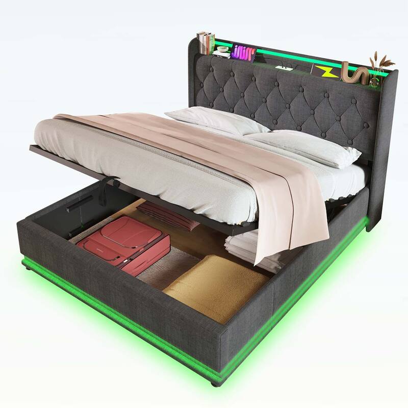 Classic Upholstered Bed with 360 LED Lighting,Hydraulic Storage,and USB Charging