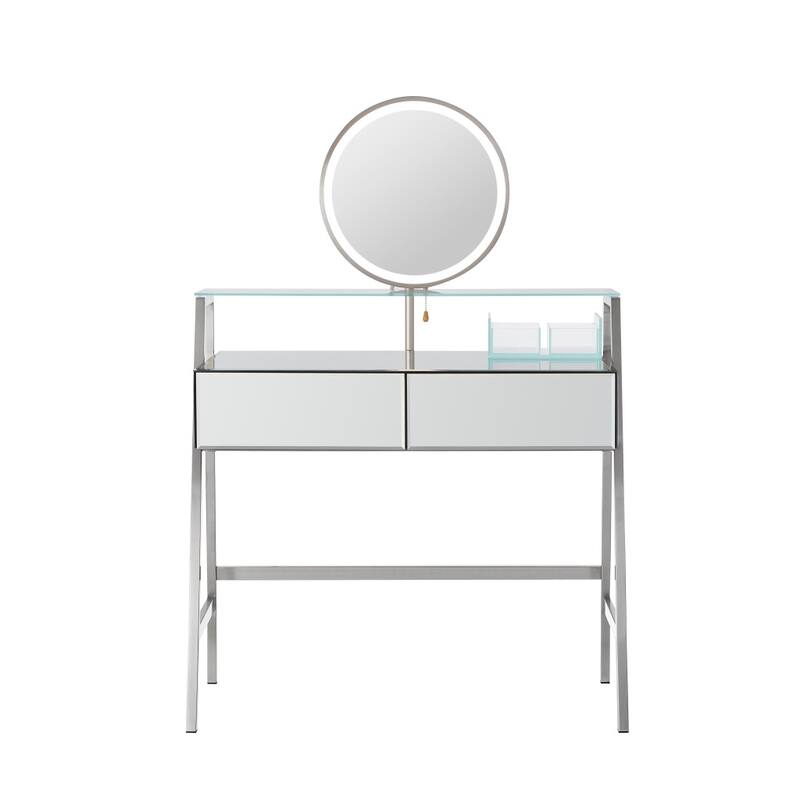 HomeRoots 34" Silver Mirrored Glass and Stainless Steel Two Drawer Vanity Table With Mirror And Lights