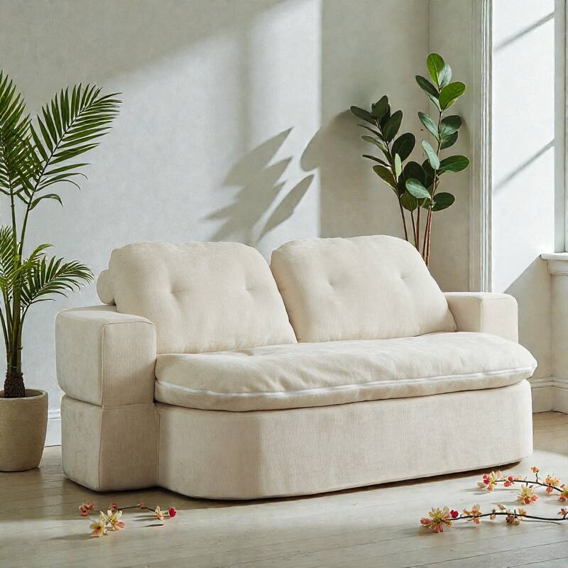 Modern Convertible Floor Sofa Bed with Pillows, Corduroy Foldable Sleeper Sofa Mattress with Built-In Quilt, No Assembly - Cream