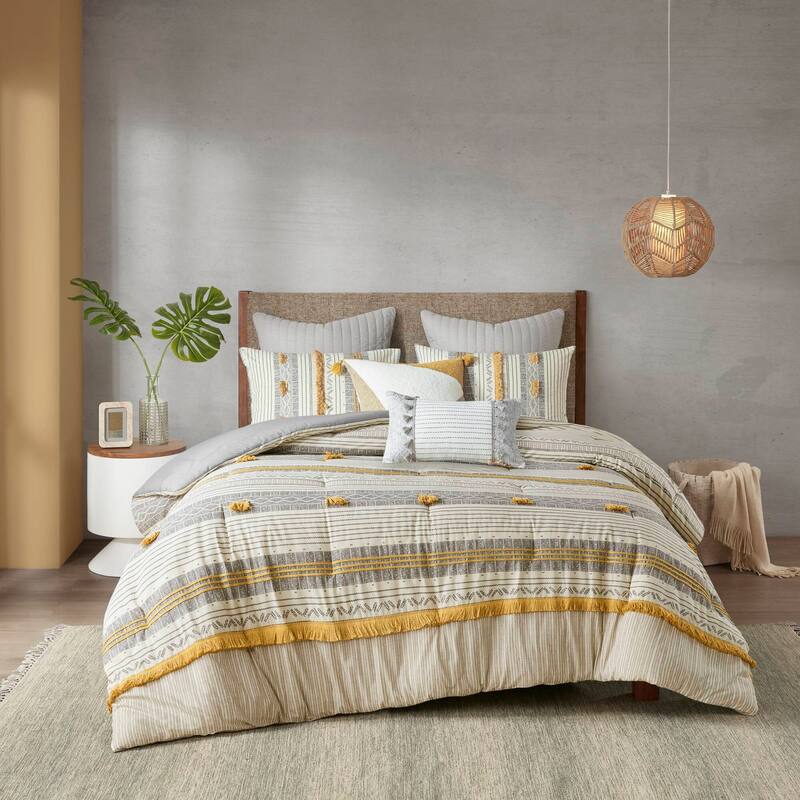 GDF Studio - Cody Cotton Comforter Set with Pom Pom Trim - Gray+Yellow (King/Cal King)