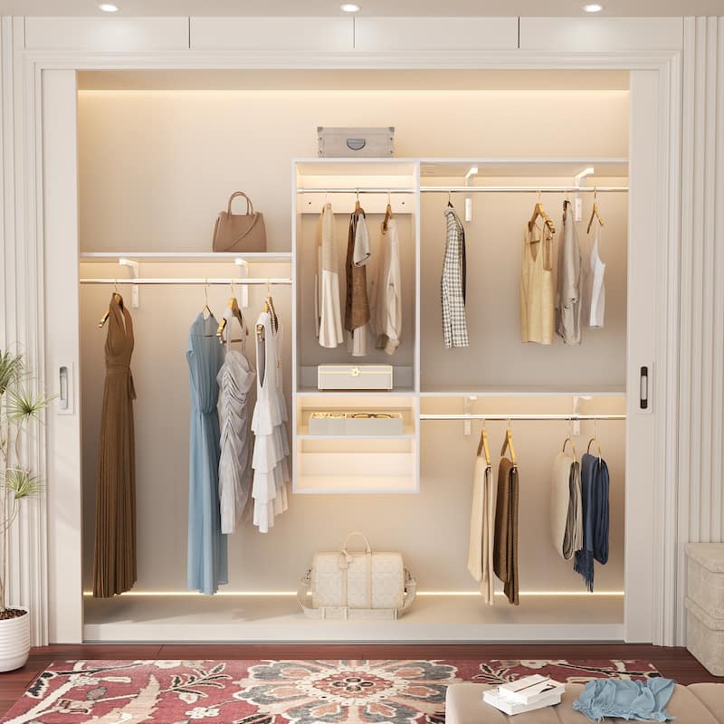 Rackcog 96'' Hanging Closet System with 3 Shelving Towers and 3 Hanging Rods,Wall-Mounted Walk-in Closet Organizer - White