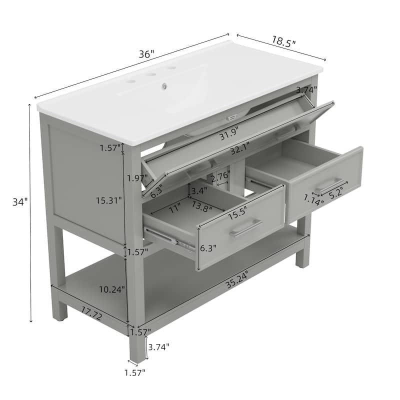 36" Bathroom Vanity with Ceramic Sink, Tip-Out Tray, Full-Extension Drawers, Soft-Close Slides, and Open Shelf