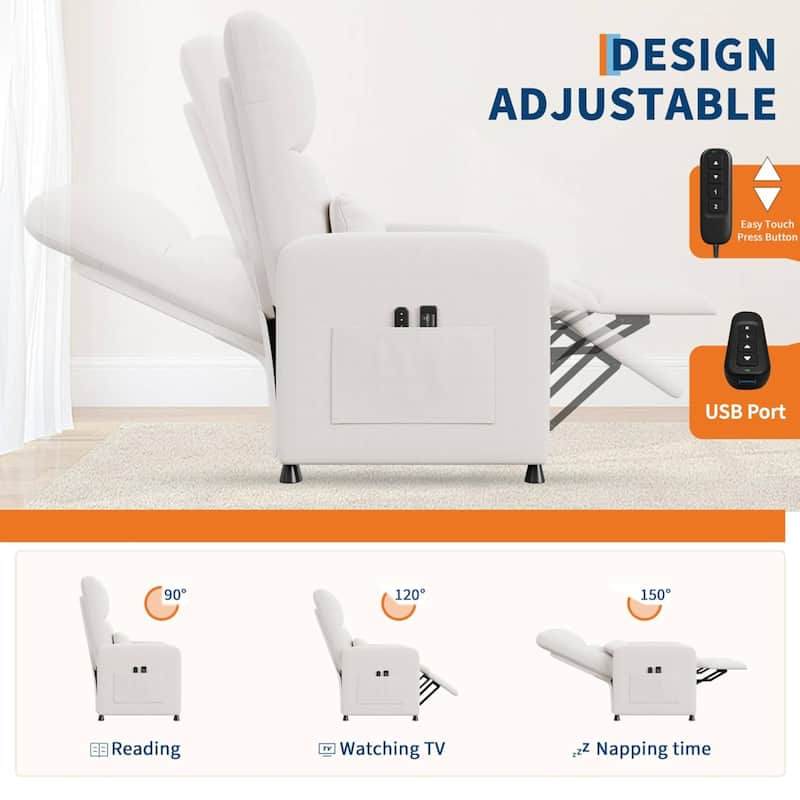 Adjustable Electric Linen Power Recliner Chair, Single Sofa with 2 Side Pockets and USB Port