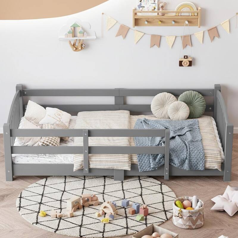 Montessori Solid Pine Floor Bed with Full-Length Safety Fence & Slatted Base by Harper&Bright Designs