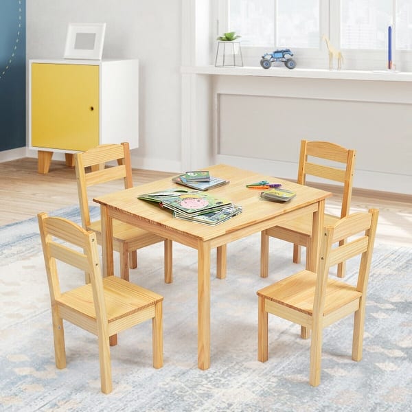 slide 2 of 10, Gymax Kids 5 Piece Table Chair Set Pine Wood Children Play Room Natural