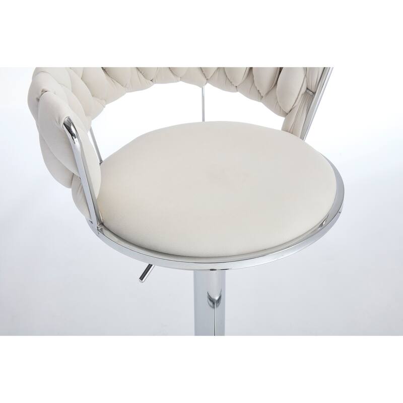 Set of 2 Bar Stools, with Chrome Footrest and Base, Swivel, Height Adjustable Mechanical Lifting, Velvet Upholstered