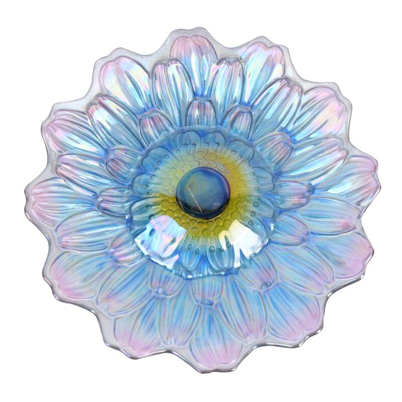 21" Blue Dahlia Outdoor Glass Solar Bird Bath with Stand