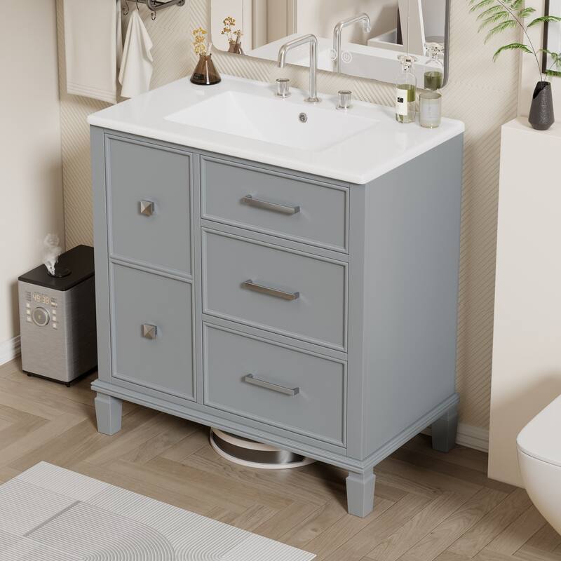 Bathroom Vanity with Ceramic Sink,Flip-Out Drawer Design - Grey