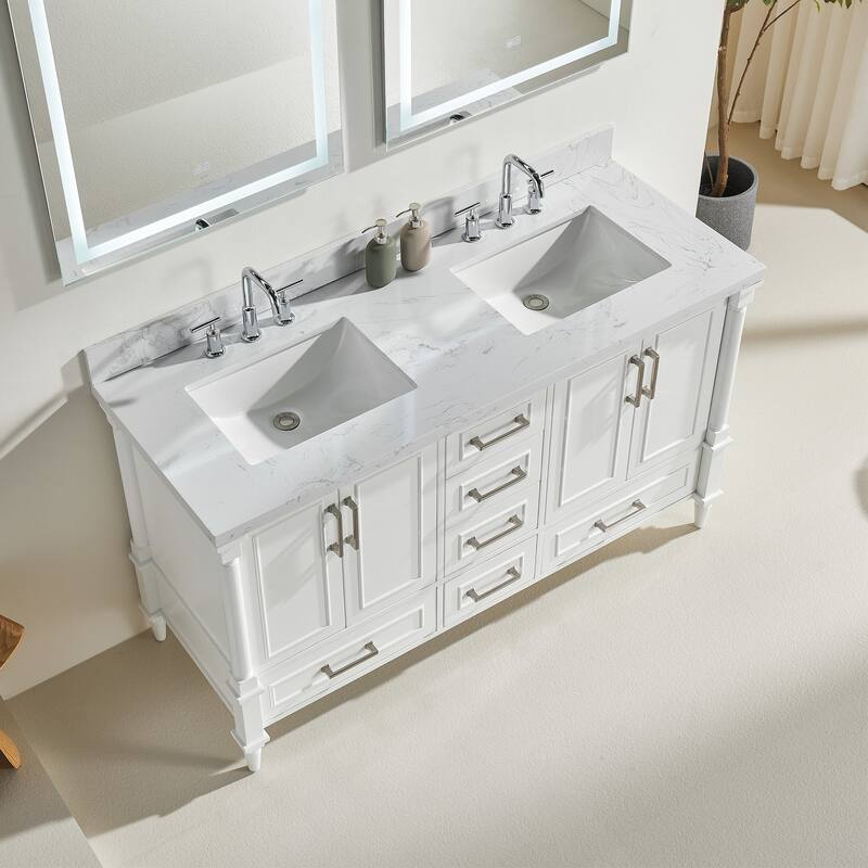 60 inch Plywood Freestanding Bathroom Vanity Set in White with Undermount Ceramic Sink