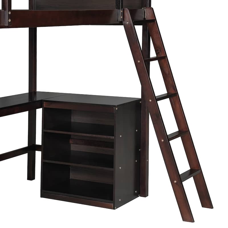 Integrated Study Area - Wood Twin Size Loft Bed with Built-in U-shaped Desk and Bookcase for Boys, Girls Bedroom