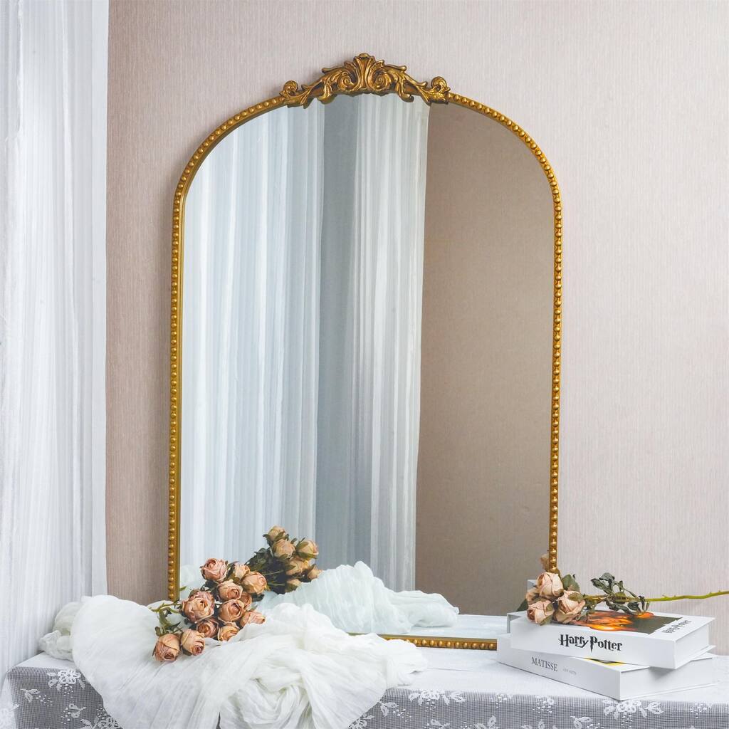 36-inch arched vintage carved wall mirror, classic style decorative dressing mirror