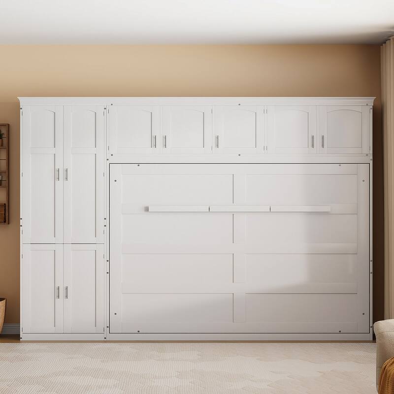 Space-Saving Queen Size Murphy Bed with Integrated Cabinets and Storage, White