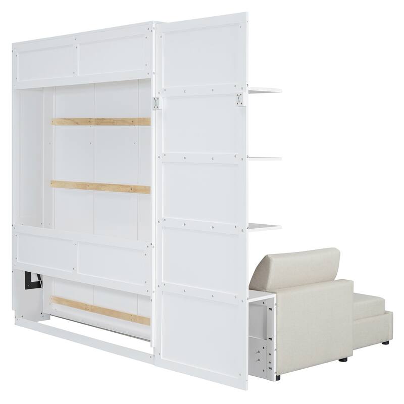 Linen L-shaped Sectional Sofa & Queen Size Foldable Wall Murphy Bed Set with Open Shelves for Guest Room or Living Space