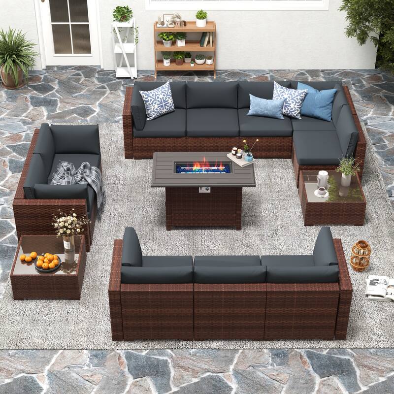 13 Piece Wicker Set Patio Sofa Furniture with Fire Pit And Table - Brown/DarkGrey