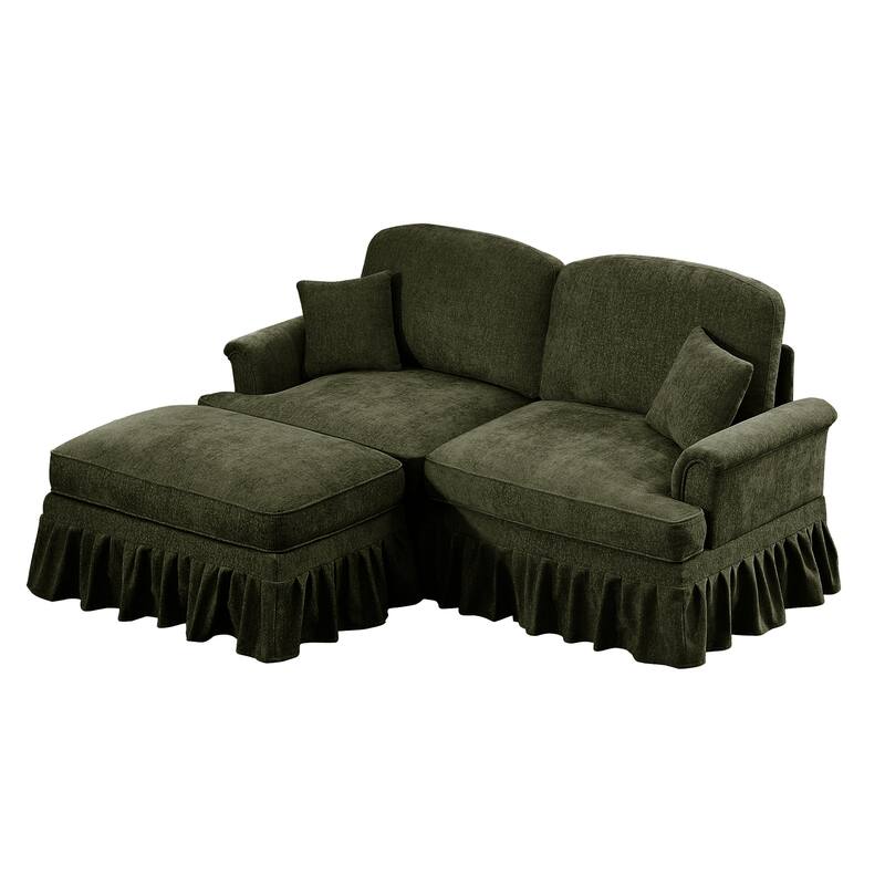 2-Seater L Shaped Sofa Couch, Lounge Sofa with Removable Ruffles Pleats Skirts, Loveseat Sofa with Movable Ottoman