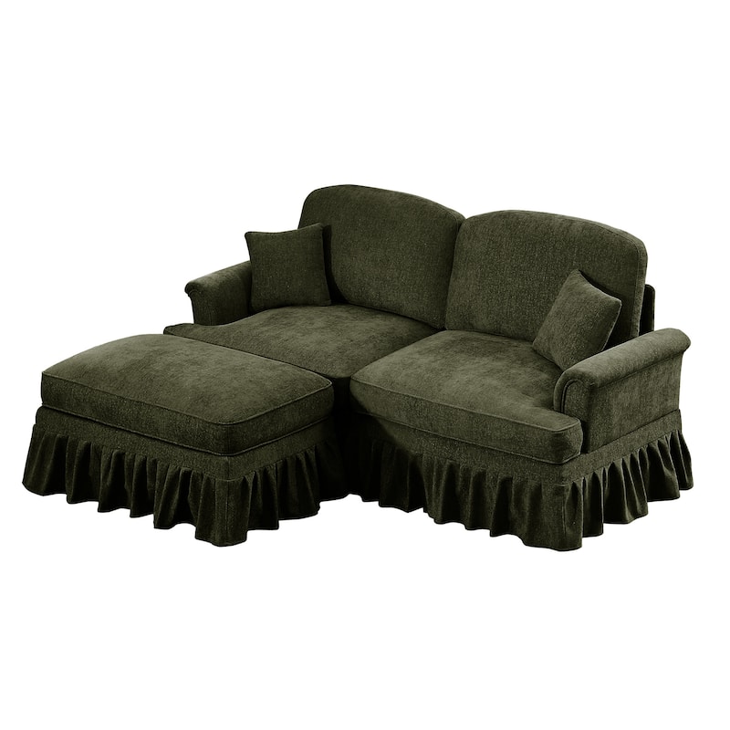 76.4" L Shaped 2-Seat Sectional Sofa, Chenille Couch with Ottoman, Flared Arms Loveseat with Removable Ruffles Pleats Skirts