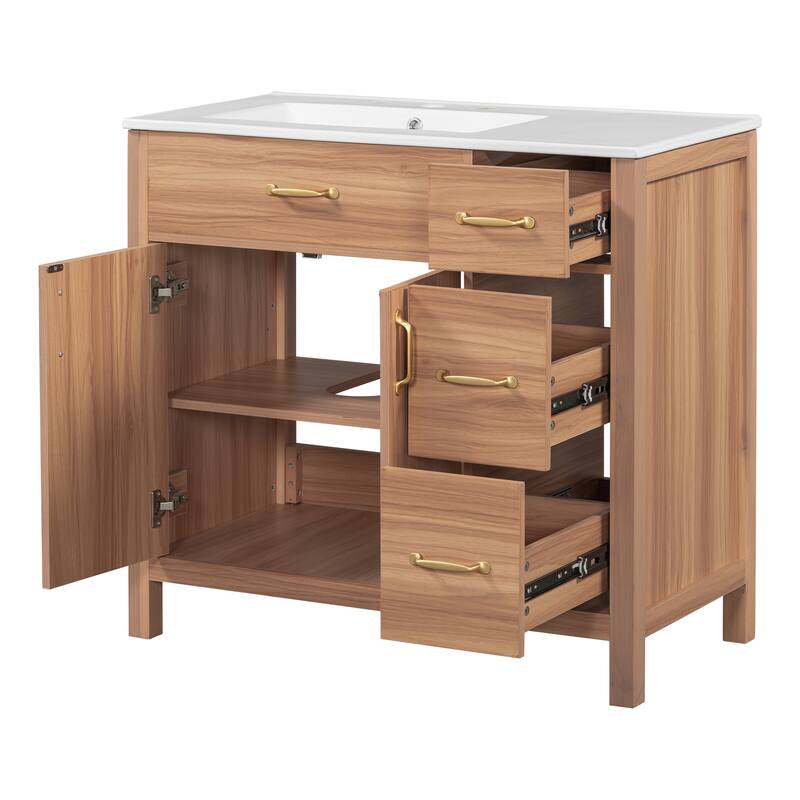 Wood Bathroom Vanity with Ceramic Sink and Top, Storage Cabinet with Drawers, Adjustable Shelf and Soft Close Mechanisms