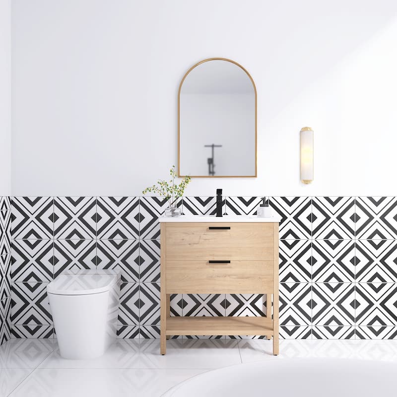 Plywood Freestanding Bathroom Vanity Set with Integrated Sink - Imitative Oak With White Ceramic Top