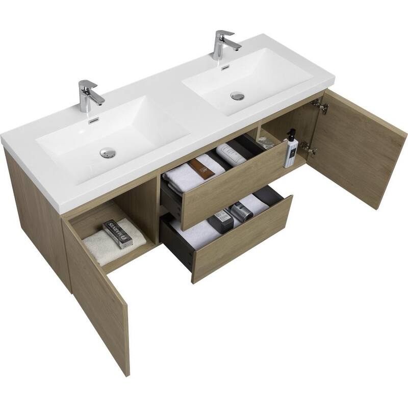 ABRUZZO 60" Floating Bathroom Double Vanity with Integrated Resin Top 2 Basins 2 Cabinets 2 Soft Close Drawers Full Assembly