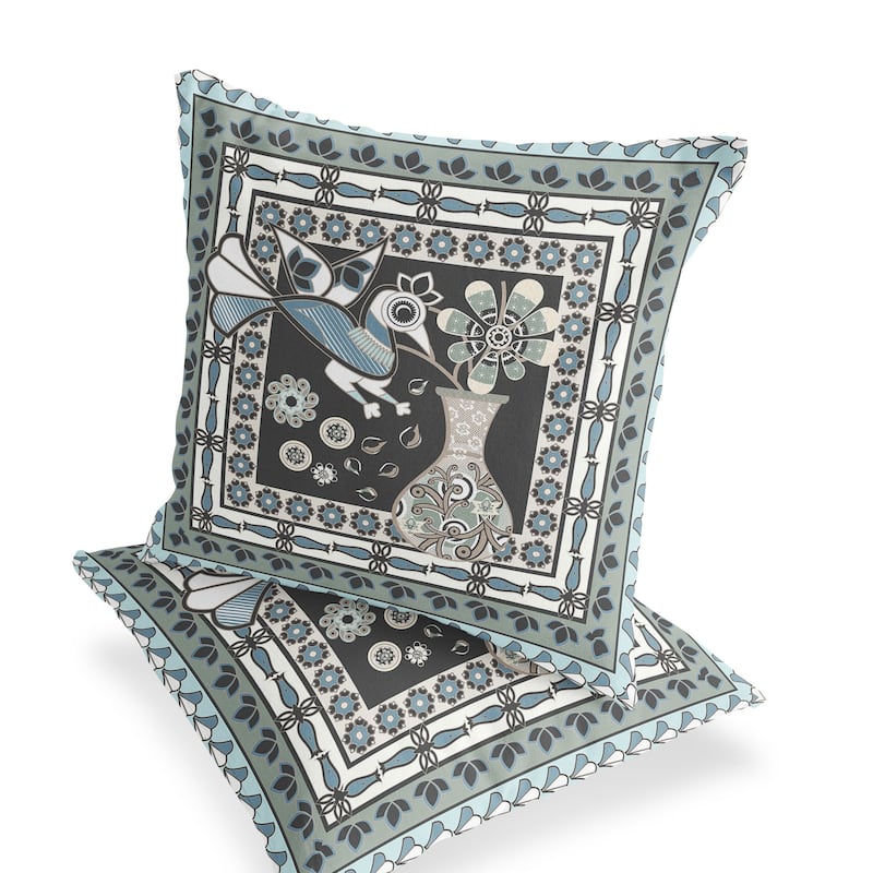 HomeRoots Set of Two 16" X 16" Black and Blue Peacock Blown Seam Floral Indoor Outdoor Throw Pillow - 16.00' X '16.00' X '5.00