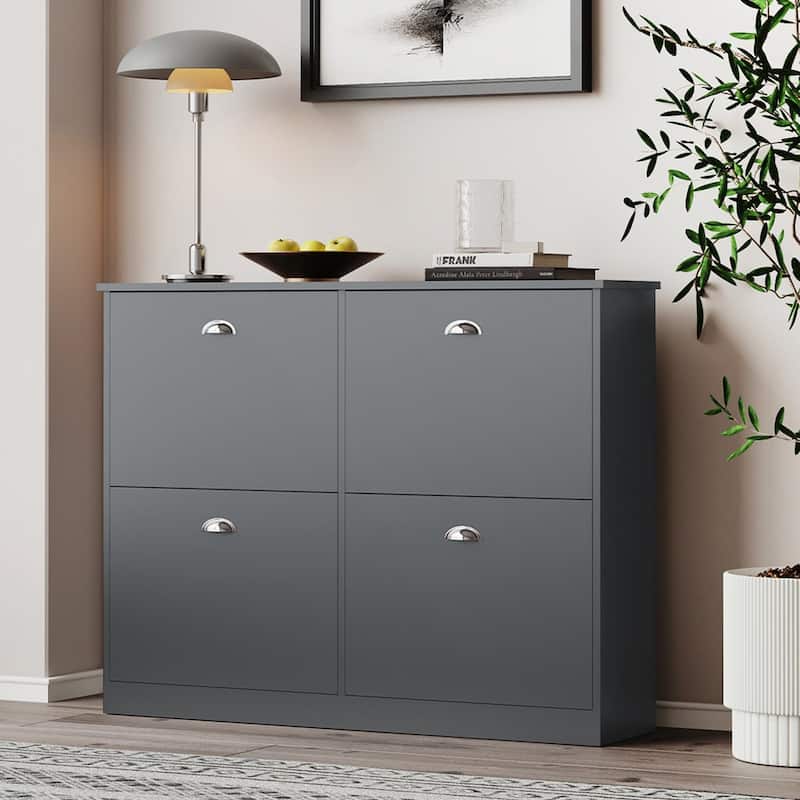 24 Pair Shoe Storage Cabinet w/4 Flip-top Drawers and Adjustable Shelves - 4-Tier - Gray