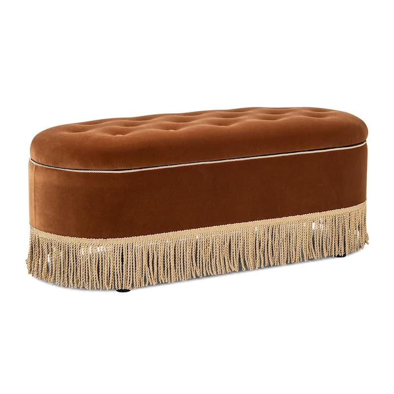 Melinda 48.5" Upholstered Tufted Oval Storage Bench with Bullion Fringe