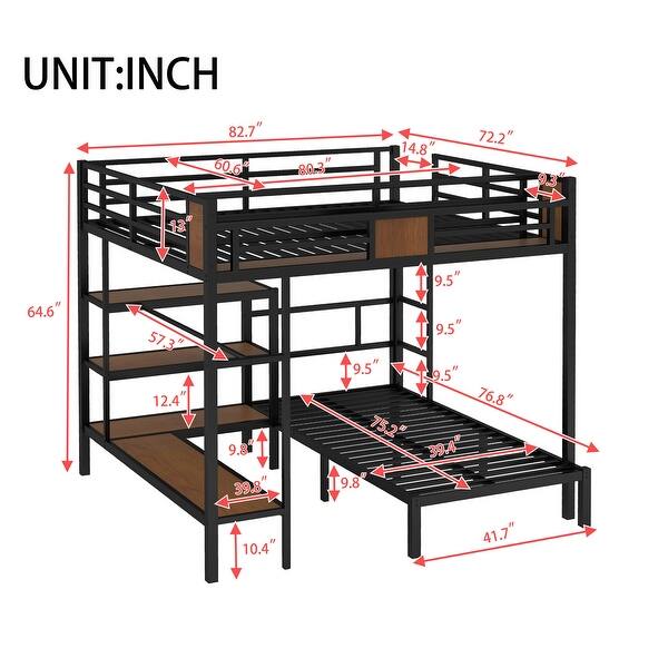 Queen Over Twin Metal Bunk Bed with Shelves and Hangers, Storage on Top Bunk, Space-Saving Design