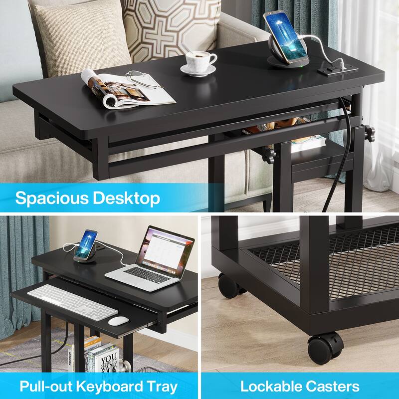 Height Adjustable Small Portable Desk, C Side Table with Outlet and USB Ports