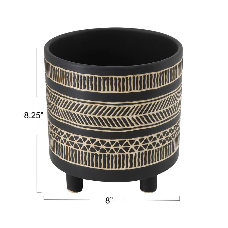 Black Cylindrical Stoneware Flower Pot w/ Geometric Goldtone Overlay