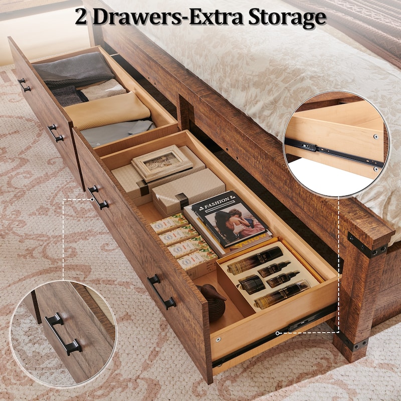 Farmhouse Wood Bed Frame with 54" Tall Headboard, 2 Large Drawers