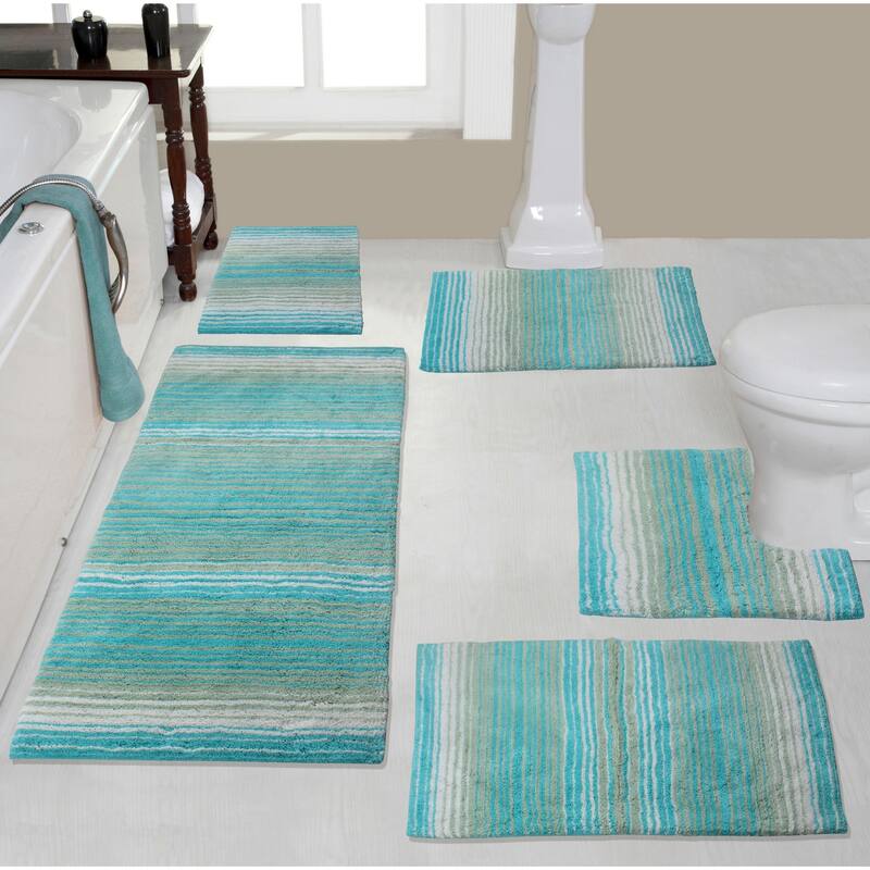 Gradiation Rug Collection 100% Cotton Non-Slip Bathroom Rug Set, Machine Washable Bath Rug, 5 Piece Bath Mat Set with Contour - Turquoise