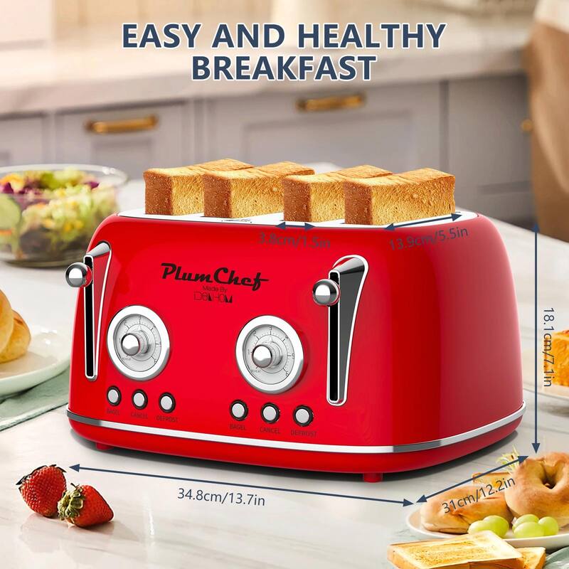 4-Slice Retro Style Toaster, Dual Control with Warming Rack, 6 Browning Settings, Bagel/Defrost Functions
