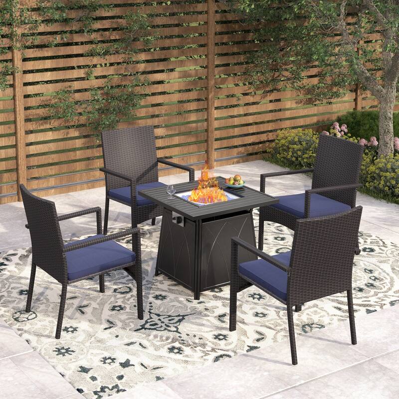MAISON ARTS 28" Gas Fire Pit Table with 4 Rattan Chairs, 5 Piece Propane Fire Pit Setwith 5Kg Fire Glass - Brown